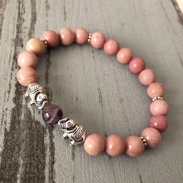 

bangle womens elephant charm beaded bracelet christmas gift for her healing stones amethyst rhodonite pink stone bracelet, Black