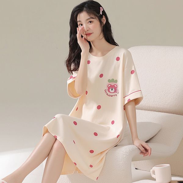 

pyjamas summer cute short sleeve long dress pure cotton cartoon thin homewear pajamas casual loose women sleepwear 230520, Black;white