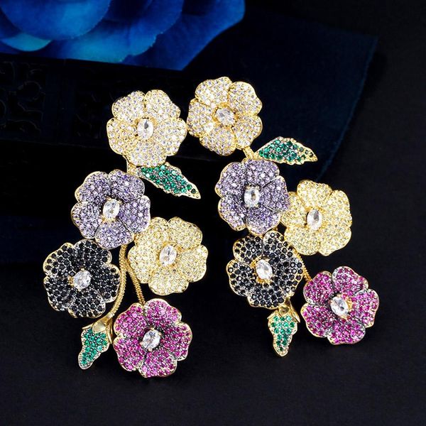 

knot cwwzircons super luxury statement big long drop cluster flower chunky cubic zirconia wedding banquet earrings for women cz272, Silver
