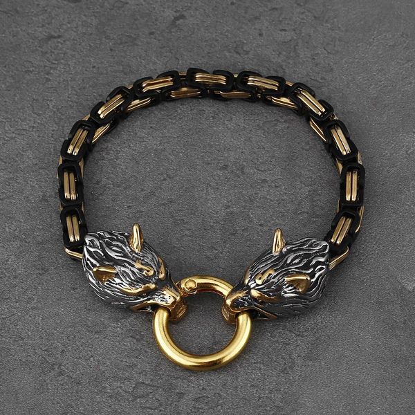 

bangle viking wolf head 316l stainless steel bracelet men never fade inter gold fashion creative bracelet street style jewelry, Black