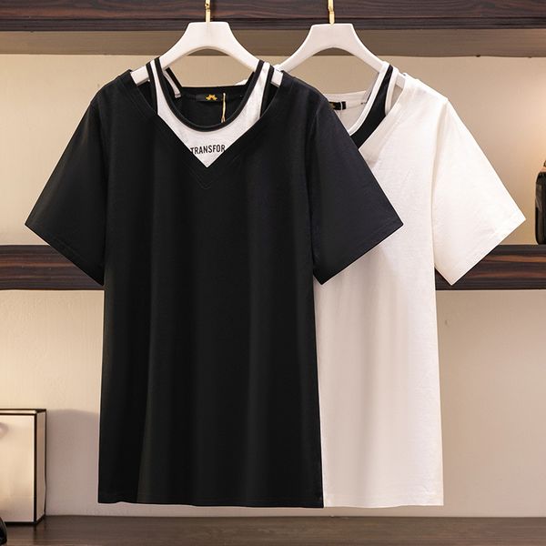 

women's plus size tshirt 150kg bust 152 summer loose fake twopiece shortsleeve black white 5xl 6xl 7xl 8xl 9xl 230520