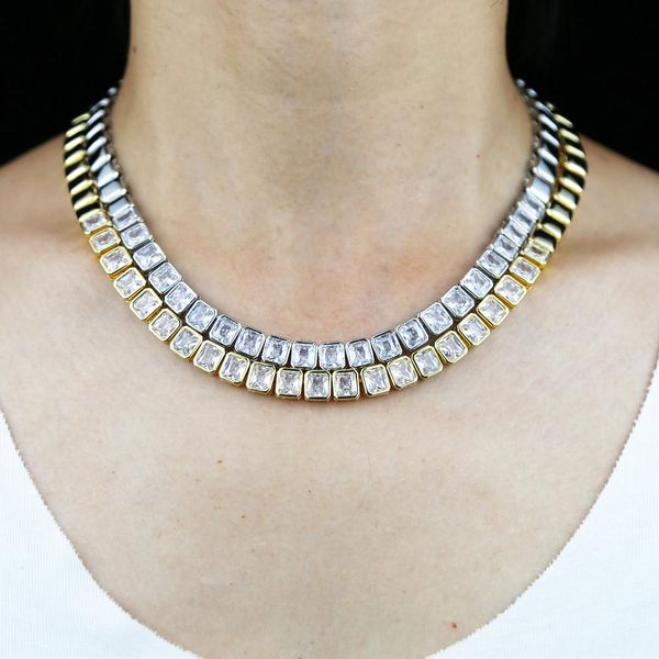 

necklaces 2022 iced out bling geometric square cubic zirconia cz luxury cluster tennis chain choker women charm necklaces hiphop jewelry, Silver