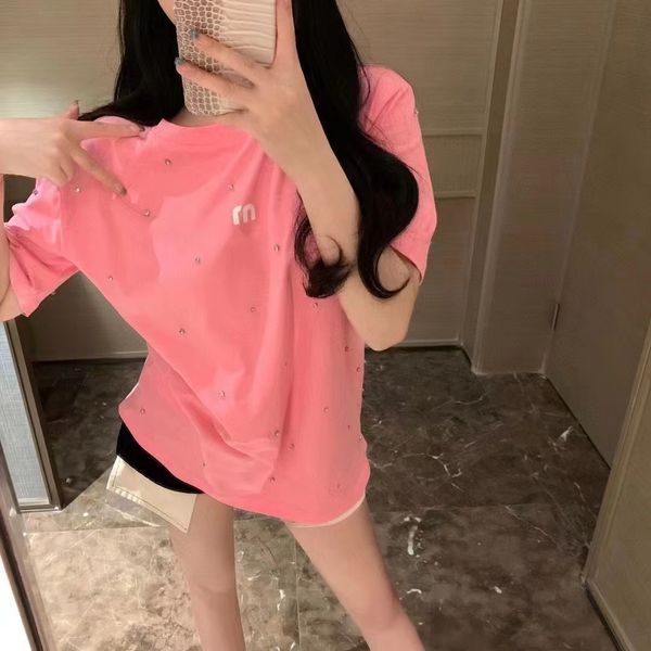 

designer fashion women's rhinestone alphabet pink t-shirt sweet lapel spring and summer pullover long t-shirt, White