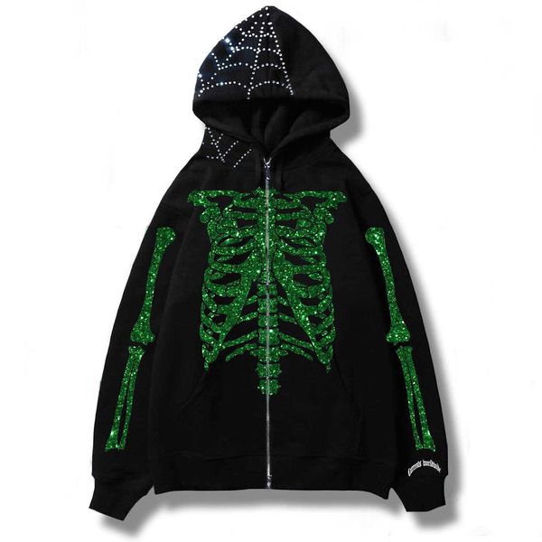

2023 diamond flash skeleton print coat street long sleeve hooded cardigan sweater dark punk, Black