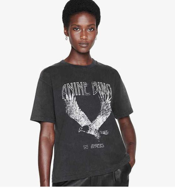 

2023 anine bing niche eagle print t shirt fried snowflake color washing designer tee women black short-sleeved t-shirt polos new high-end 6, White