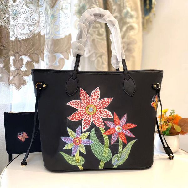 

lady neverfull mm embossed genuine leather bags woman designer shopping bag with big embroidery sun flower and butterfly print with a remove