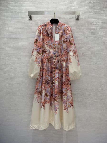 

runway dresses australian designer designs high-end custom linen blend fabric, pink floral print, button up, deep v-neck, lantern sleeves, w, Black