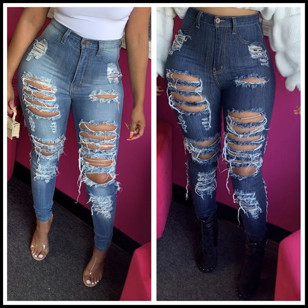 

women's jeans selling high waisted torn jeans women's fashionable slim street denim pencil pants street hippie trousers s-2xl dire, Blue