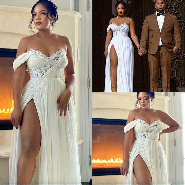 

plus size wedding dresses side split chiffon sweetheart boho vestido de novia african beach bridal wedding dress, White
