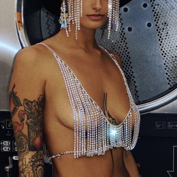 

erotic shiny bikini full rhinestone tassel bra chain underwear body chain rhinestone stage nightclub performance clothes 1211, Silver