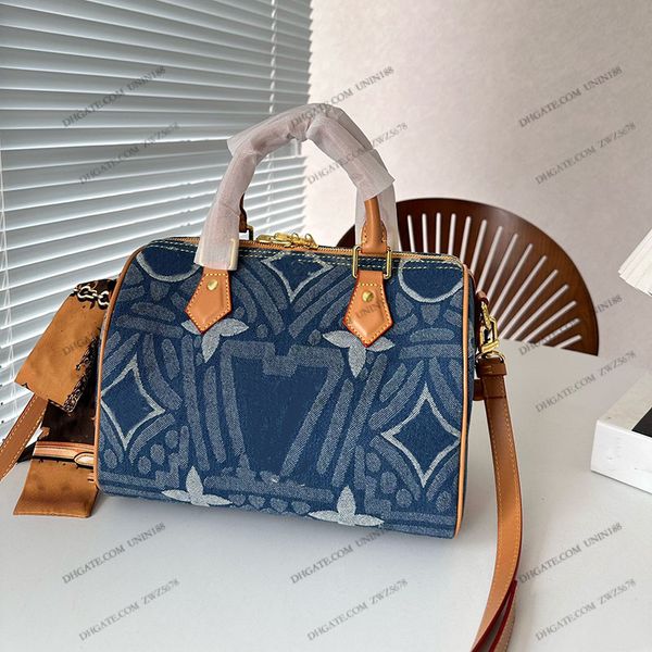 

23ss womens luxurys designers totes bag denim blue speedy patent leather handbags printing flowers pillow shouder crossbody women handbag po