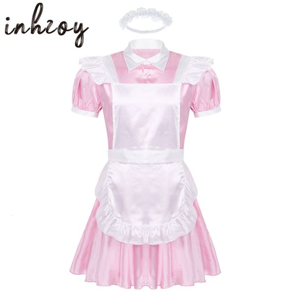 

theme costume men's effeminate maid role-playing clothing puff sleeves pleated satin french apron maid dress set role-playing baby dres, Black;red