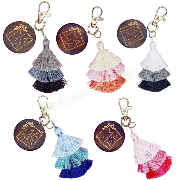 

cotton tassel pendant key chains with mama wood women boho key holder keyring macrame bag charm car hanging jewelry gift, Silver