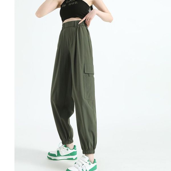 

Ice silk quick drying cargo pants women' summer thin 2023 new high waist sunscreen casual American sports Harun leggings, Black