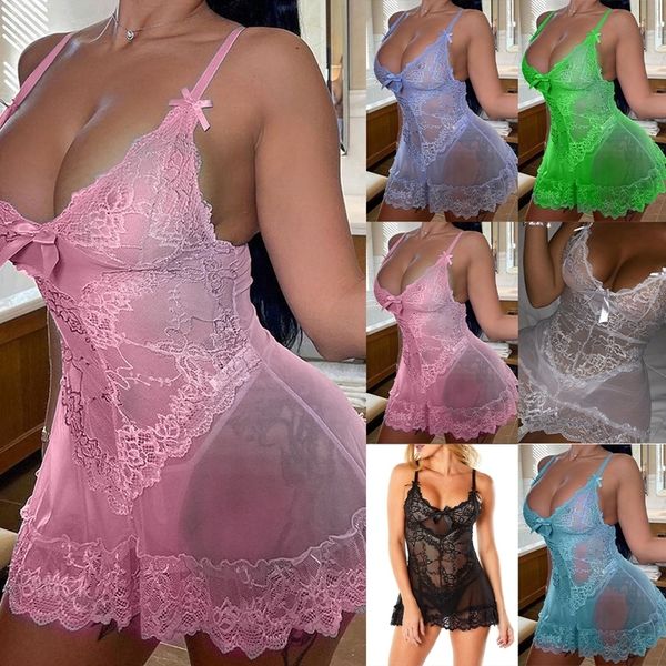 

pyjamas plus size women lace nightdress night dress v neck sleeveless spaghetti straps mesh seethrough nightgown exotic lingerie 230520, Black;white