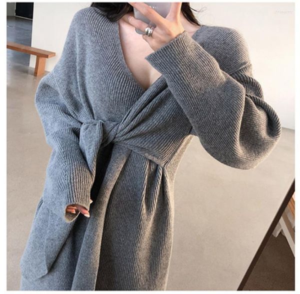 

casual dresses 2023 one piece side bandage knitted dress for woman european and american autumn winter long ladies sweater, Black;gray