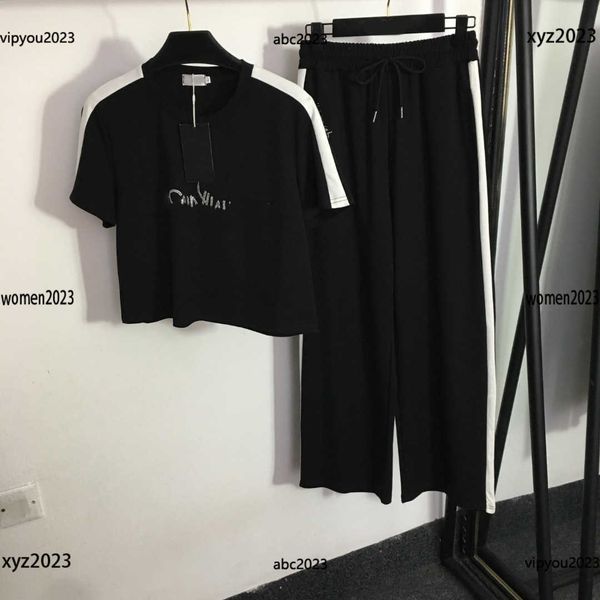 

women's tracksuits designer sports sets 2pcs diamond letter t-shirt and elastic high waist wide leg pants #multiple product, Gray
