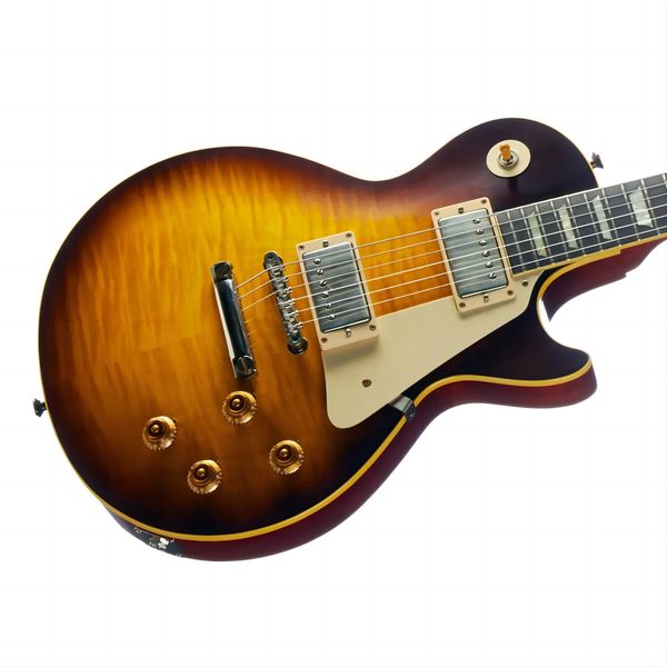 

joe perry 1959 faded tobacco sunburst flame maple electric guitar mahogany body, cream body binding, tuilp tuners, china oem chibson new2589
