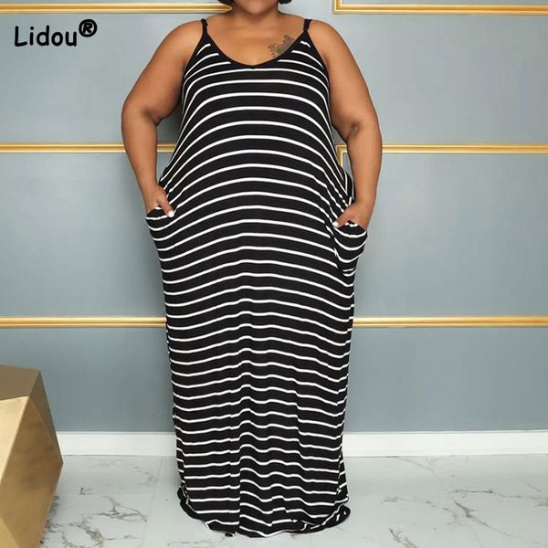 

plus size dresses summer crew neck casual striped printed sleeveless size women's clothing patchwork double pockets a-line slip long dr, Black