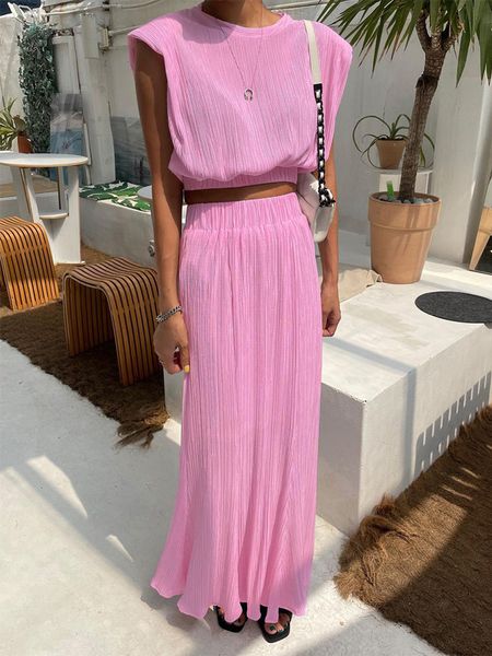 

two piece dress jastie 2023 summer 2 pcs set shoulder pad sleeveless vest skirt suit high streetwear fashion casual fold twopiece female 230, White
