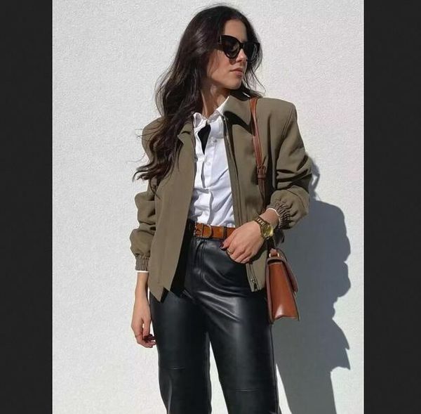 

fashion solid bomber jacket women elegant lapel zipper short coat spring autumn casual ladies long sleeve windbreak coats, Black;brown
