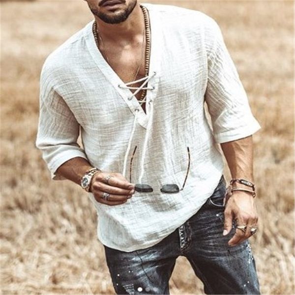 

mens fashion hippie linen shirt casual middle sleeve v neck summer beach loose tee solid color t shirts, White;black
