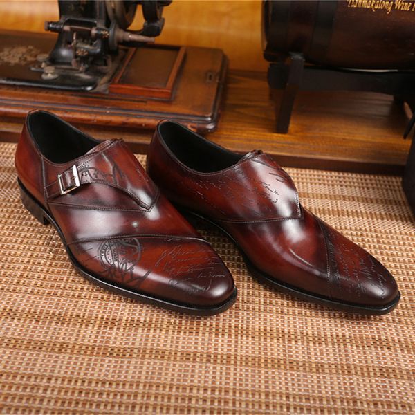 

berluti High end men's patterned leather Monk shoes, handcrafted, hand drawn, with patterned and smooth stitching, comfortable for formal wear, Brown
