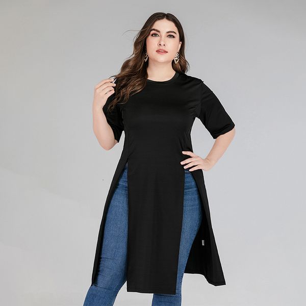 

women's plus size tshirt clothes 2023 fashion bifurcated tshirt summer large casual street wear solid color dresses 230520, Black