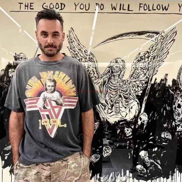 

designer fashion clothing amires tees am tshirt amies co branded saint michael washed perforated angel print short sleeve loose casual mens, White;black