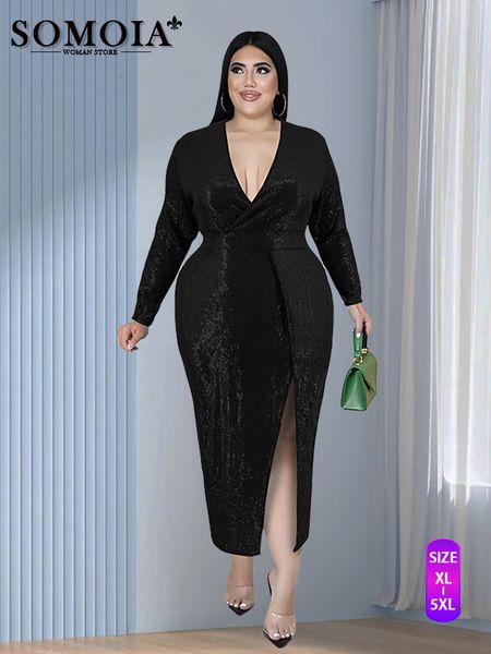 

plus size dresses somoia size women clothing fashion design long skirt birthday dinner sequin velvet v-neck long-sleeved dress party 230520, Black