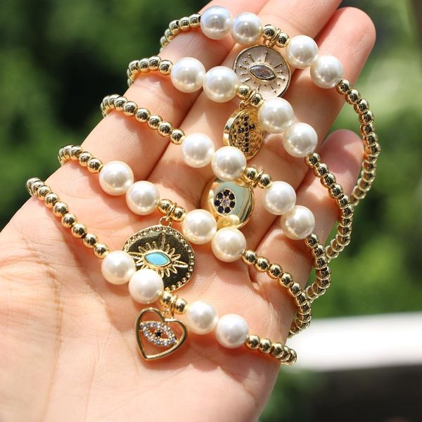 

bangle 5pcs gold beads chain evil eye charms bracelets for women czcross charms shell pearl bracelet bangle wholesale jewelry gifts, Black
