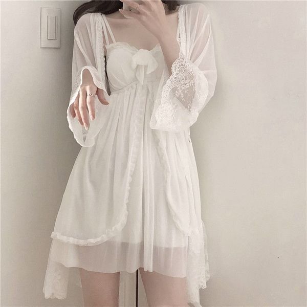 

women's sleepwear qweek korean women white robe fairy dress set woman 2 pieces nightie princess lace nightgown peignoirs albornoces 230, Black;red