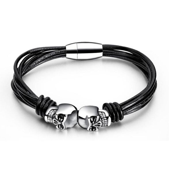

fashion jewelry mens charm braid multilayer leather skull bracelet finding stainless steel magnetic buckle design punk bracelets f5897423, Golden;silver