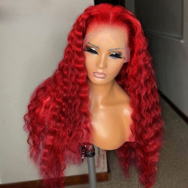 

long brazilian hair red lace front wigs 13x4 burgundy deep wave lace frontal wig transparent lace curly synthetic wigs cosplay drag queen pr, Black