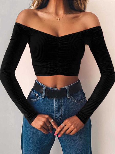 

summer women women t fashion shirt t-shirts brand and club fashion female t-shirt long sleeve off shoulder solid color lady tshirt autumn ba, White