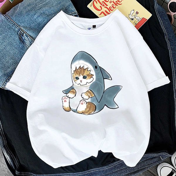 

t shirt brand summer fashion kawaii cat women shark print funny t-shirt girl animal y2k 90s tee gril black white clothes drop ship