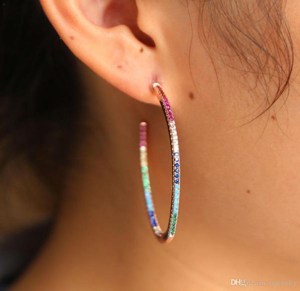 

2018 delicate rainbow cz hoop earring with colorful rhinestone 45 mm circle earring for women rose gold color fashion 6114539, Silver