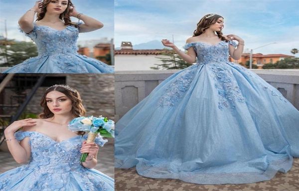 

2023 glitter tulle quinceanera dresses floral 3d flowersapplique crystal beads off the shoulder corset back sweet 16 dress graduat2184291, Blue;red