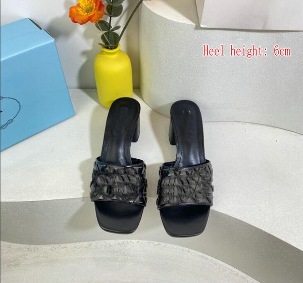 

branded women woody mules slipper designer lady lettering fabric outdoor leather sole slide sandal heel height 6cm uy, Black