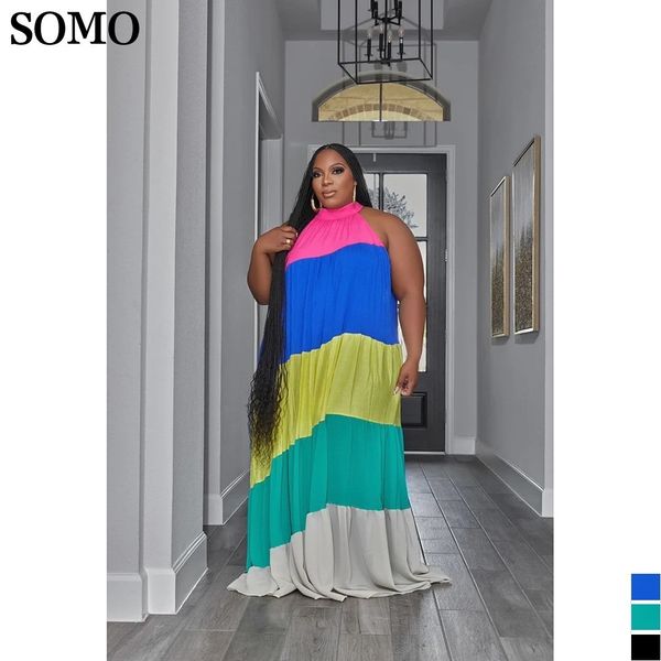 

plus size dresses somo summer fashion contrast color plus size dresses party clubwear sleeveless pleated maxi long dress wholesale drop 2305, Black