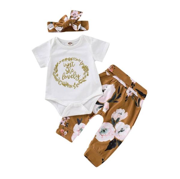 

baby girl clothes set kids shorts suit summer girl letter shortsleeved romper shirt floral print long pants 3 piece set with head1350452, White