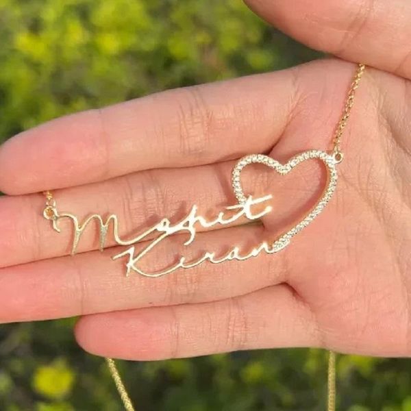 

necklaces custom double name necklace with heart customized diamond nameplate for women personalized crystal pendant exquisite jewerlygift, Silver
