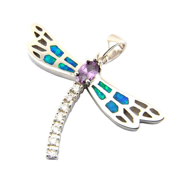 

new blue opal jewelry with cz stone;mexican opal pendant dragonfly necklace, Silver