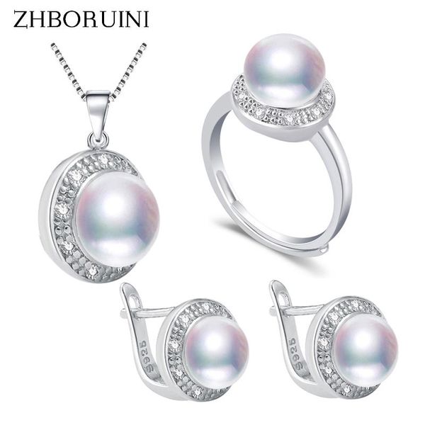 

necklace zhboruin 2021 fashion pearl jewelry set 100% real natural pearl necklace earrings ring 925 sterling silver jewelry set for women