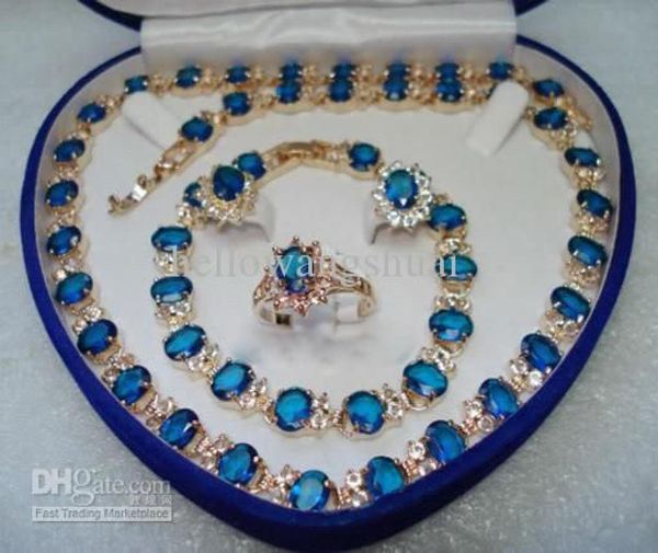 

whole blue stone sapphire set necklace bracelet earrings ring9344836, Black