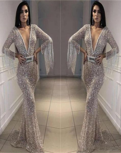 

sparkly silver prom dresses bling bling sequined mermaid evening gowns deep v neck long sleeves with tassel arabic formal party dr4266971, Black