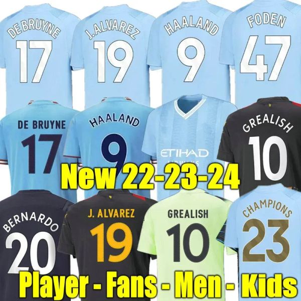 

new haaland soccer jersey 22 23 24 de bruyne mans cities grealish mahrez foden 2023 2024 football shirt uniforms men kids kit sets alvarez p, Black;yellow
