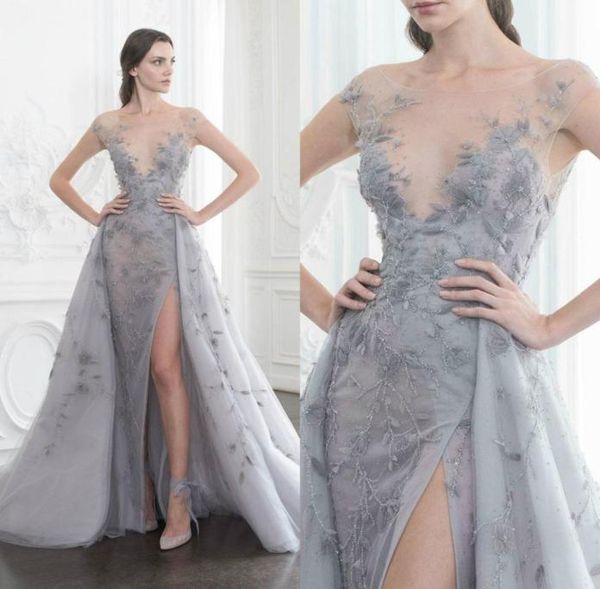 

charming prom dress sheer bateau neck illusion bodice side split evening dresses party gowns with detachable train9224513, Black