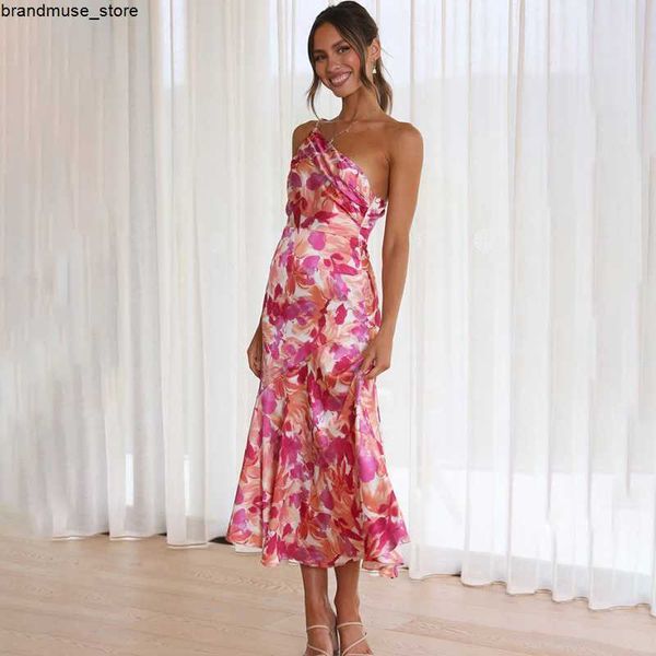 

casual dresses elegant oblique shoulder pleated floral print spaghetti dresses for women 2023 backless strape summer midi dress vestidos j23, Black;gray