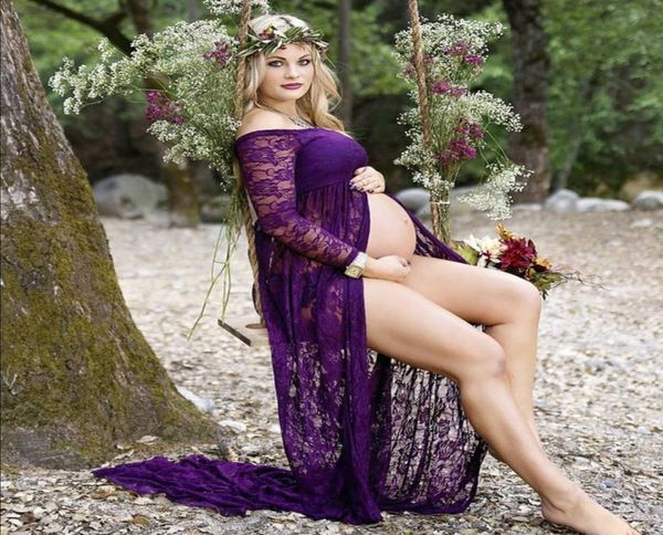 

fashion lace maternity dresses for po shoot with long sleeves split front pregnant gown court train off the shoulder evening ma9675009, Black;red